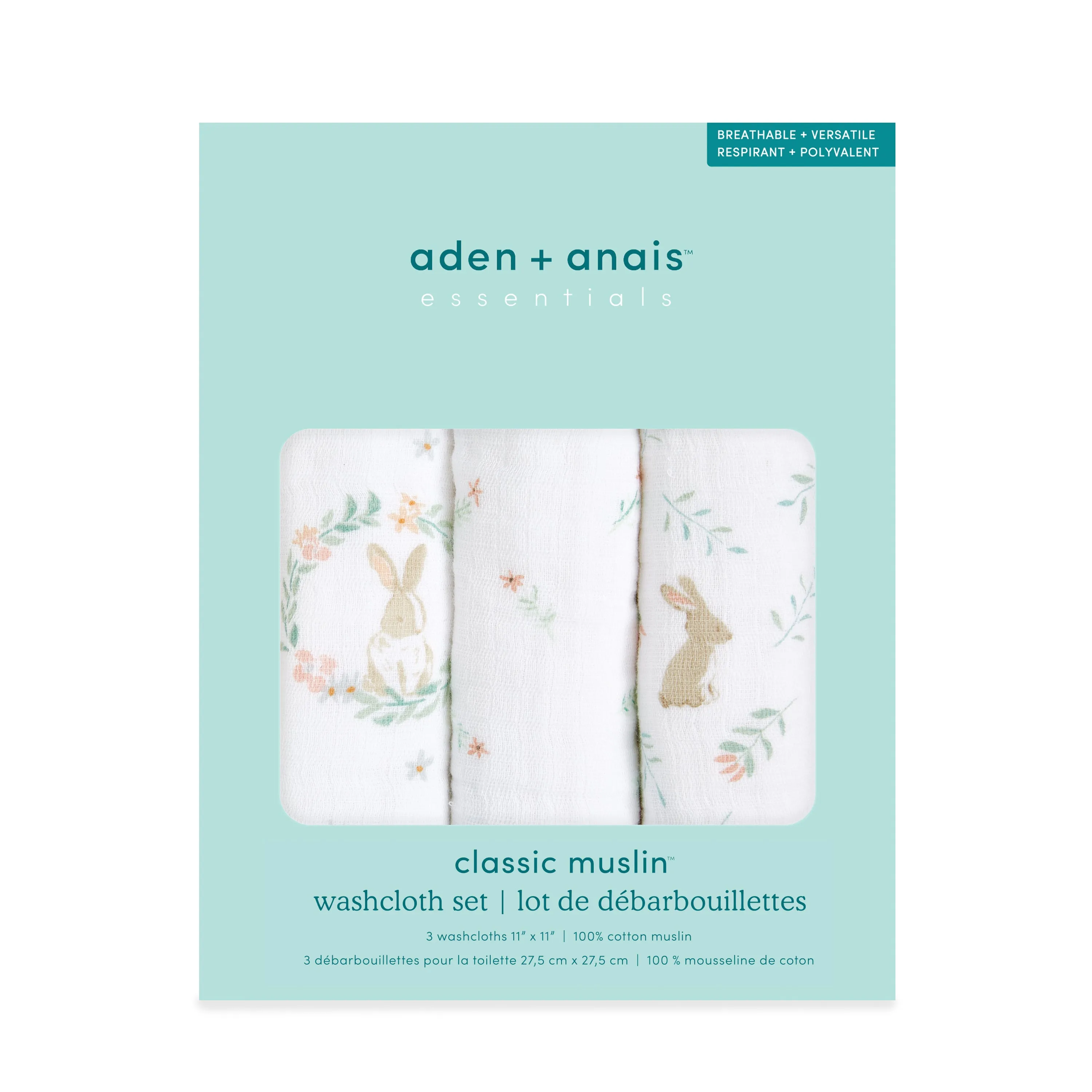 aden   anais Essential Cotton Muslin Washcloths 3 pack Blushing Bunnies Pink