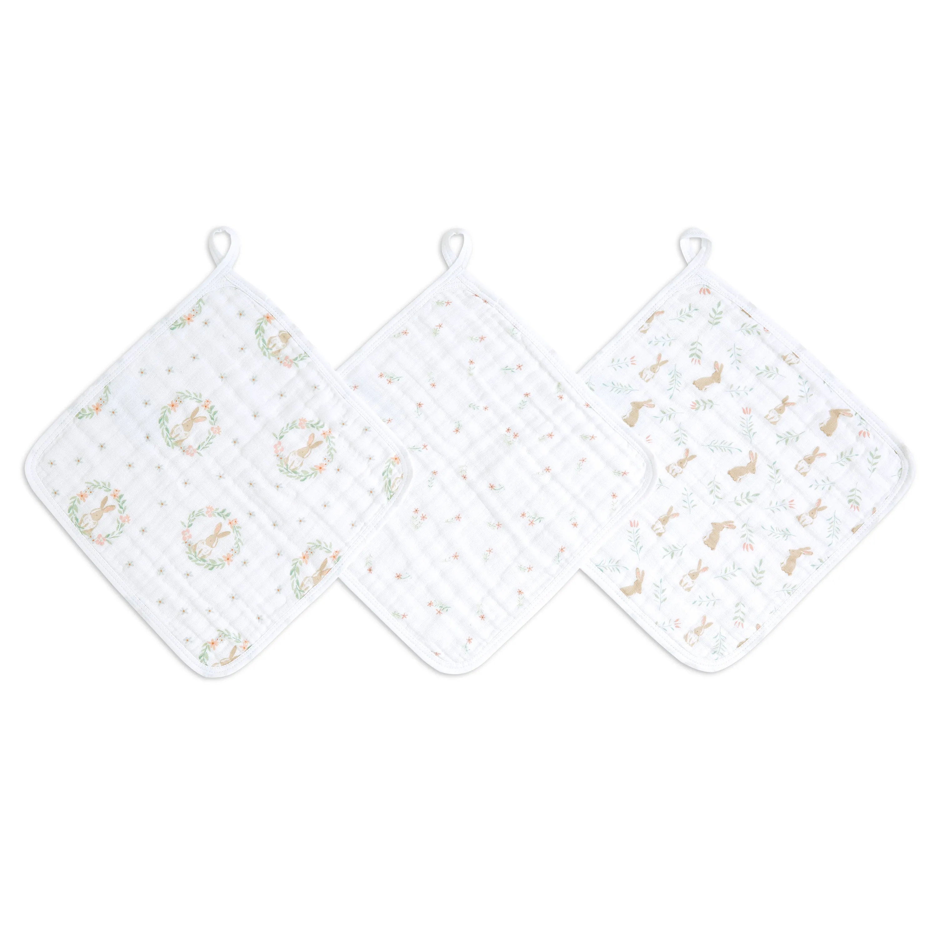 aden   anais Essential Cotton Muslin Washcloths 3 pack Blushing Bunnies Pink