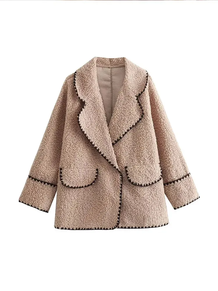 Advbridge 2024 Autumn Winter Women Plush Jacket With Pockets Casual Loose Lapel V Neck Long Sleeve Warm Coat Fashion Female Street Outwear