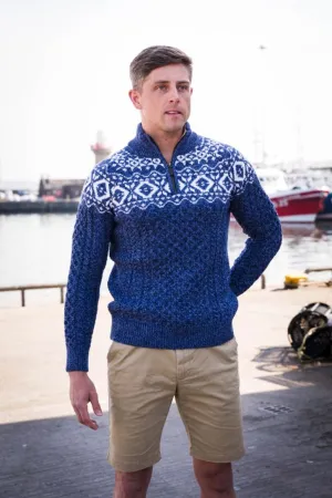 Aran Half Zip Jacquard Sweater | Denim Marl