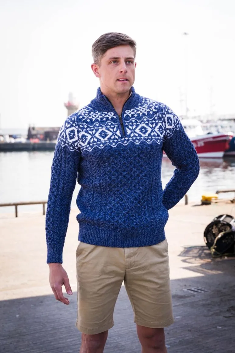 Aran Half Zip Jacquard Sweater | Denim Marl