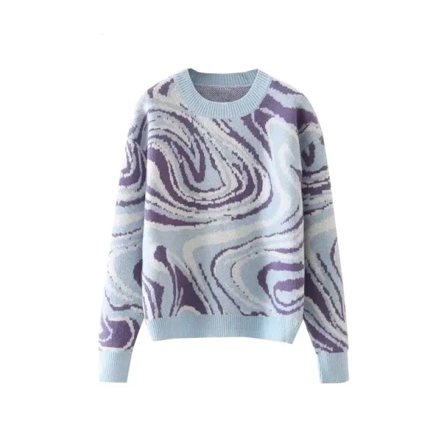 Ashore Wavy Elegant Black White Striped Print Knitted Sweaters Women 2022