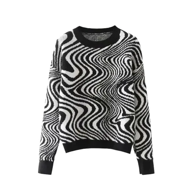 Ashore Wavy Elegant Black White Striped Print Knitted Sweaters Women 2022