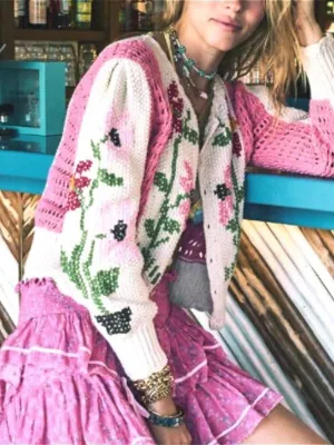 Ashoreshop long sleeve pink floral embroidery Crochet sweaters women outerwear
