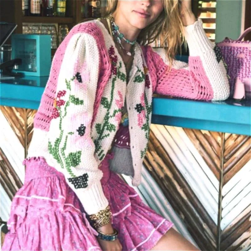 Ashoreshop long sleeve pink floral embroidery Crochet sweaters women outerwear