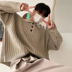 Autumn Clothing Men's Luxury Knitted Pullover Sweater Casual Korean Big Size Solid Color Long Sleeve Polo Collar Vintage Tops