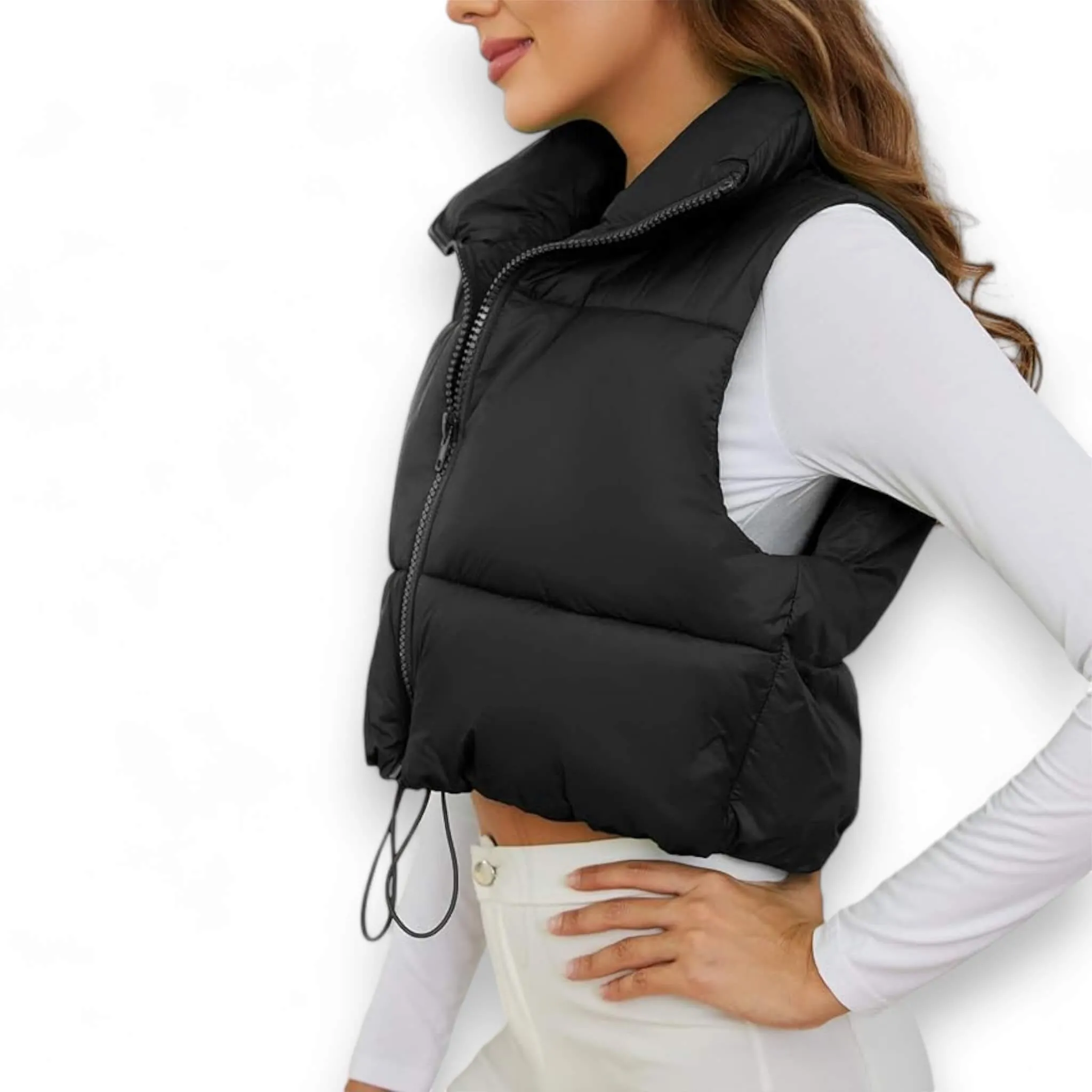 Black Collared Cropped Puffer Vest