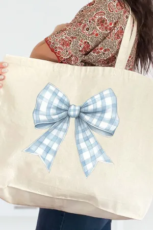 Blue Gingham Bow Canvas Jumbo Tote