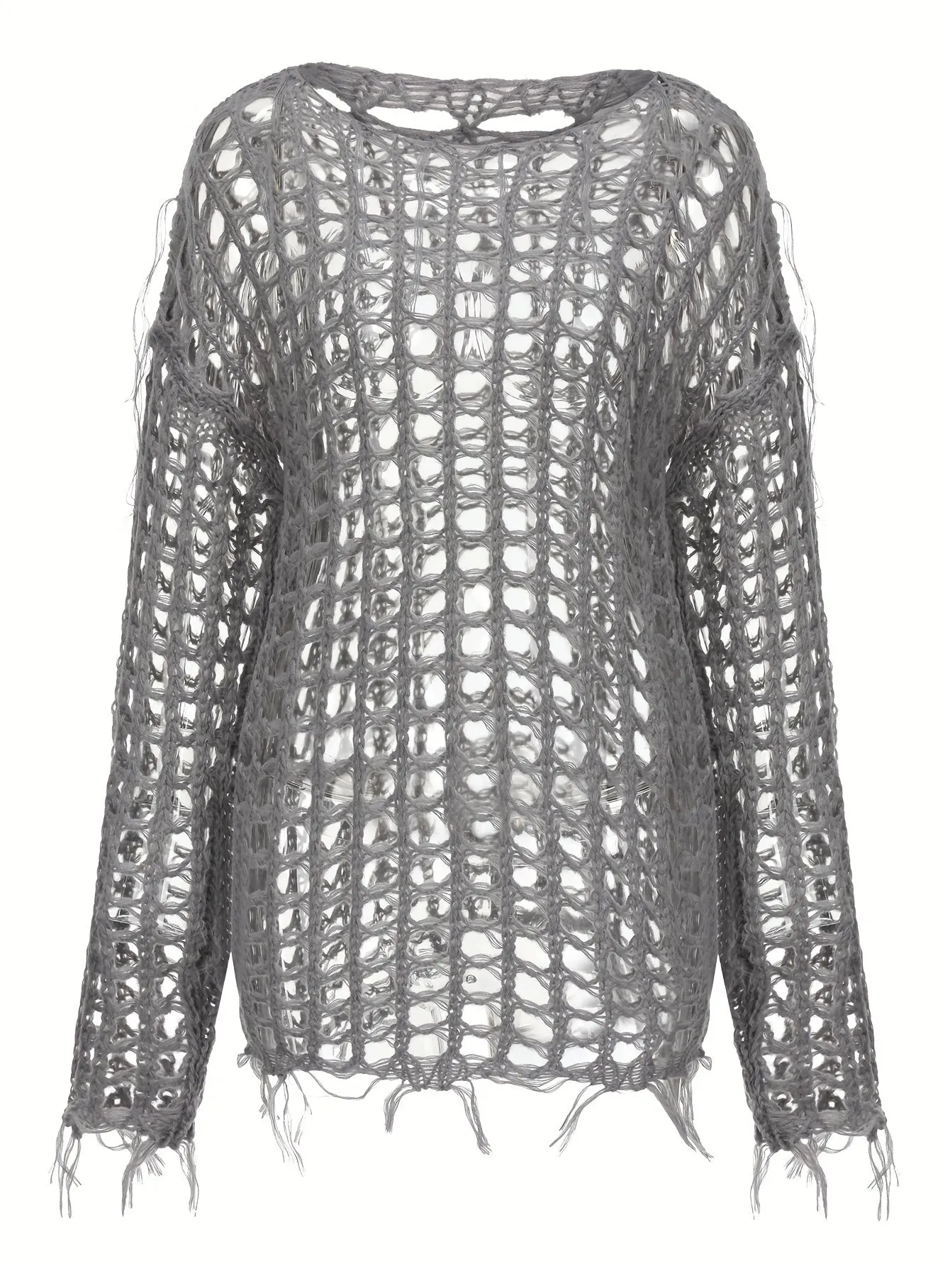 Chic Y2K Crochet Tassel Knit Sweater - Soft & Cozy Crew Neck with Long Sleeves - Fashion-Forward Womens Clothing
