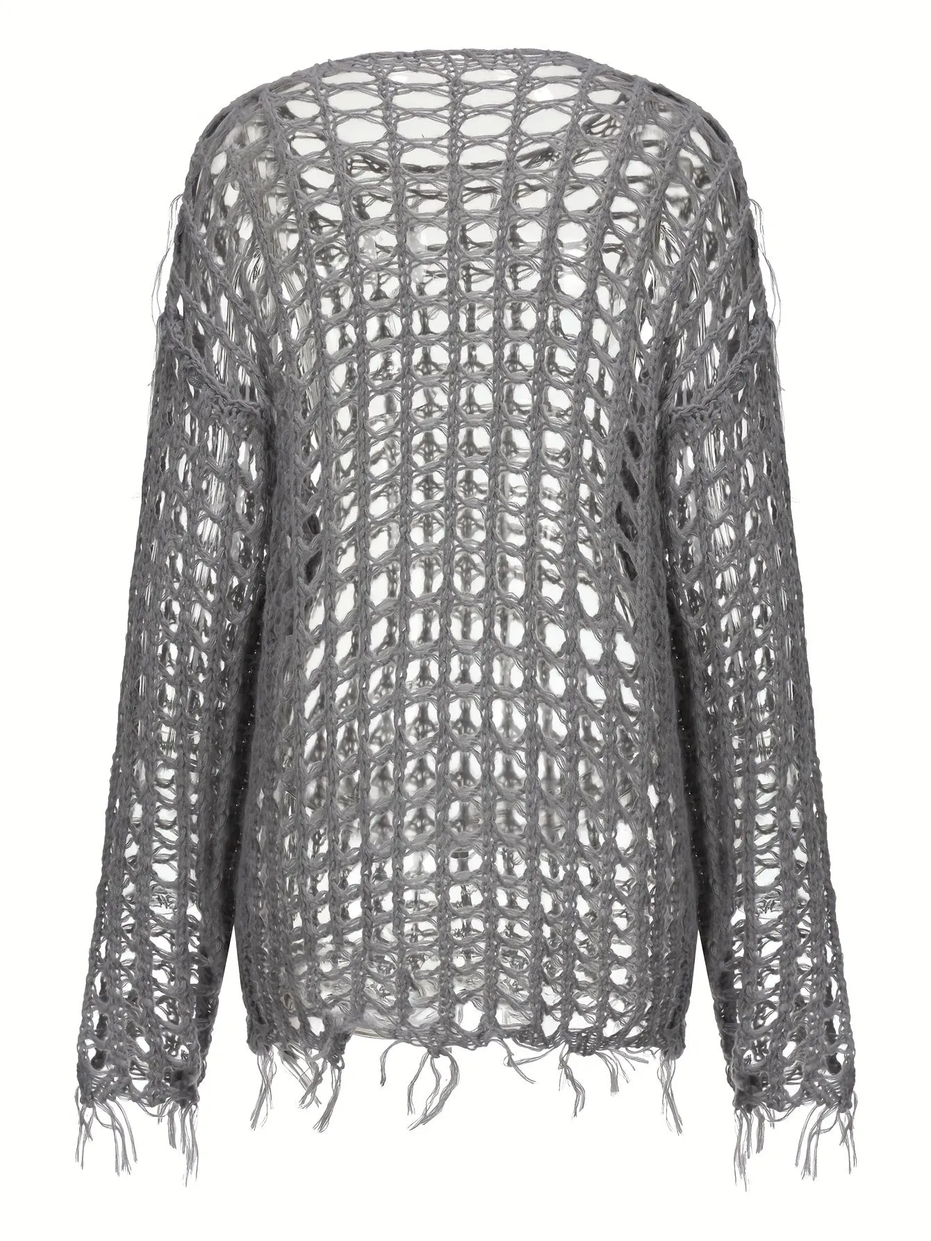 Chic Y2K Crochet Tassel Knit Sweater - Soft & Cozy Crew Neck with Long Sleeves - Fashion-Forward Womens Clothing