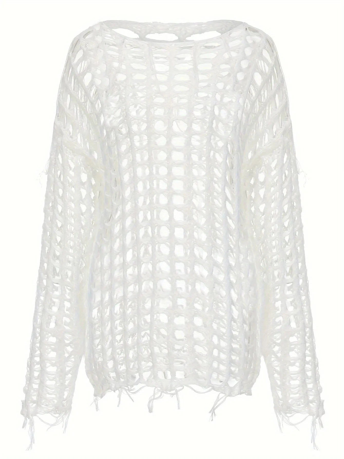 Chic Y2K Crochet Tassel Knit Sweater - Soft & Cozy Crew Neck with Long Sleeves - Fashion-Forward Womens Clothing