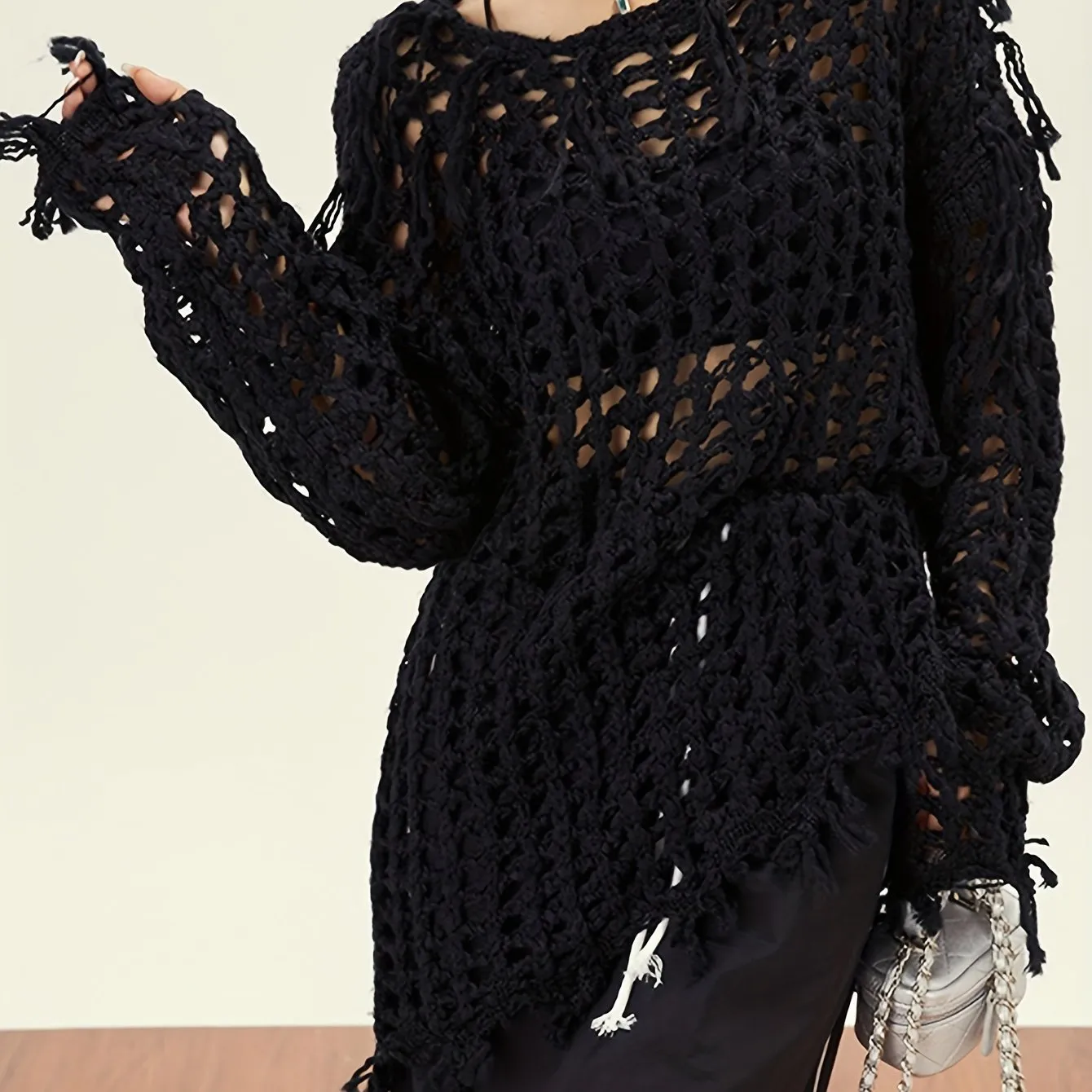 Chic Y2K Crochet Tassel Knit Sweater - Soft & Cozy Crew Neck with Long Sleeves - Fashion-Forward Womens Clothing