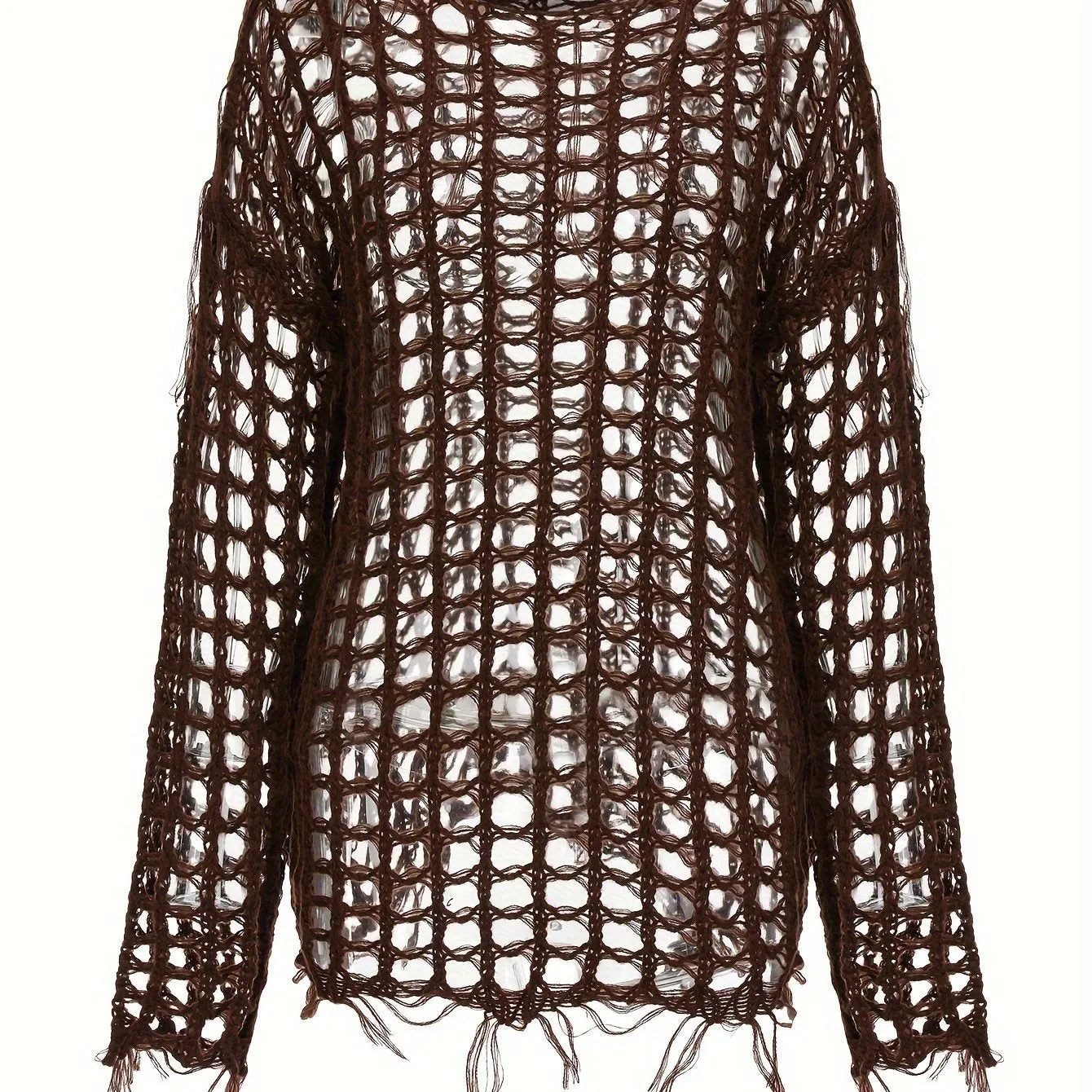 Chic Y2K Crochet Tassel Knit Sweater - Soft & Cozy Crew Neck with Long Sleeves - Fashion-Forward Womens Clothing