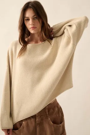 Chill Vibes Rolled-Edge Ribbed Knit Sweater