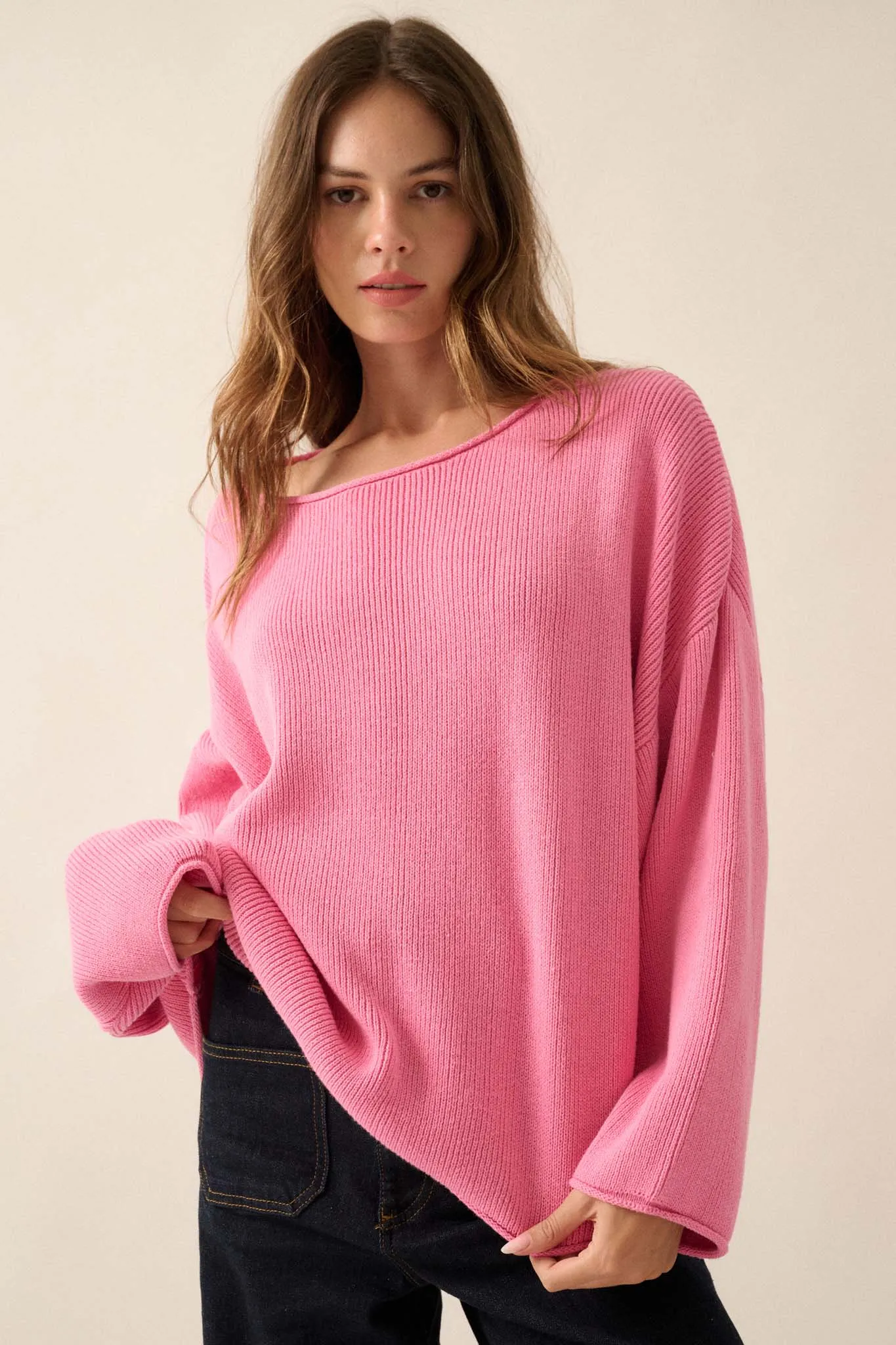 Chill Vibes Rolled-Edge Ribbed Knit Sweater