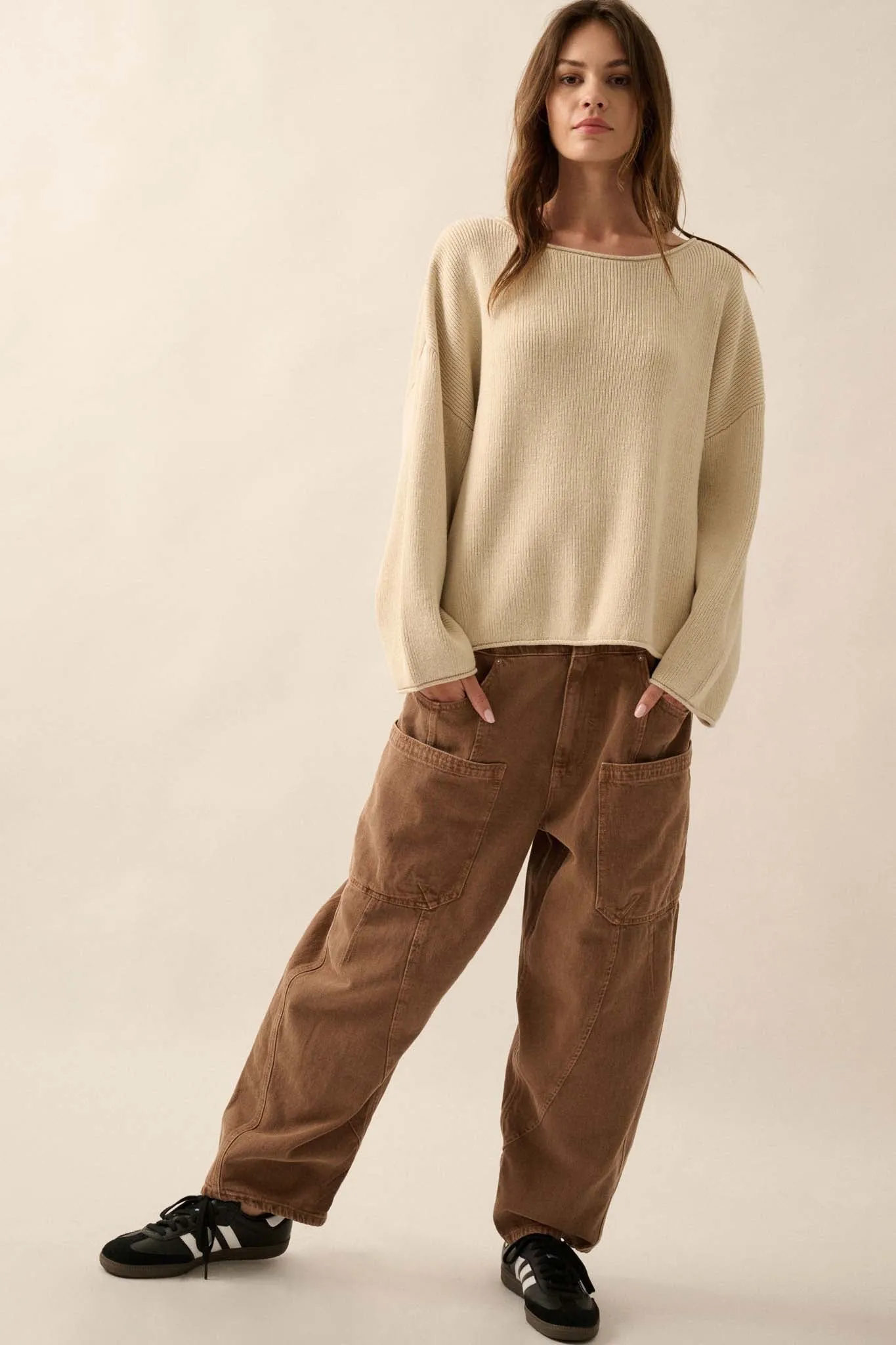 Chill Vibes Rolled-Edge Ribbed Knit Sweater