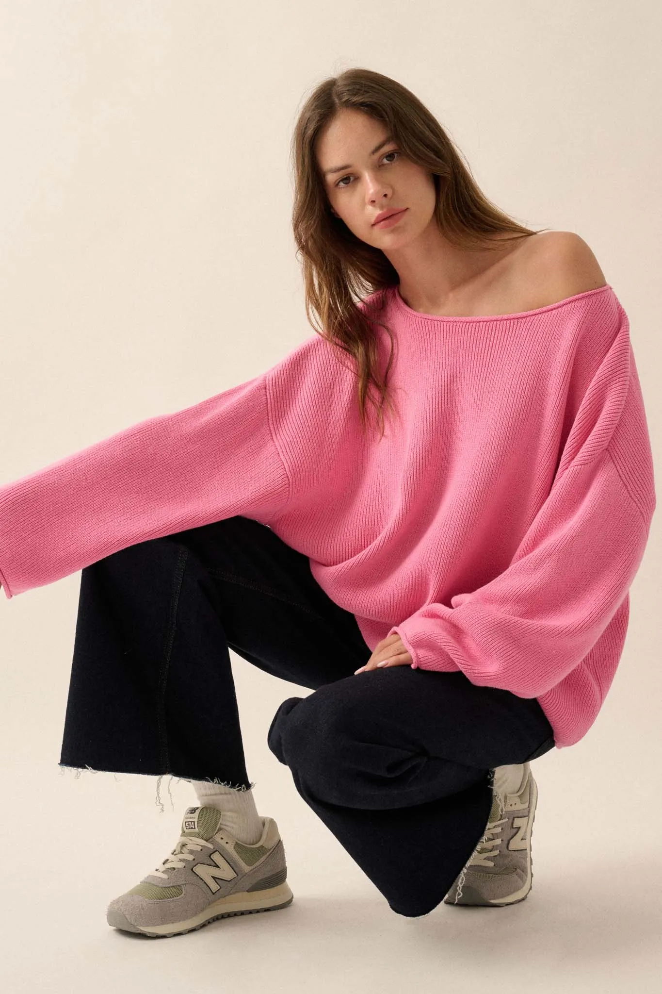 Chill Vibes Rolled-Edge Ribbed Knit Sweater
