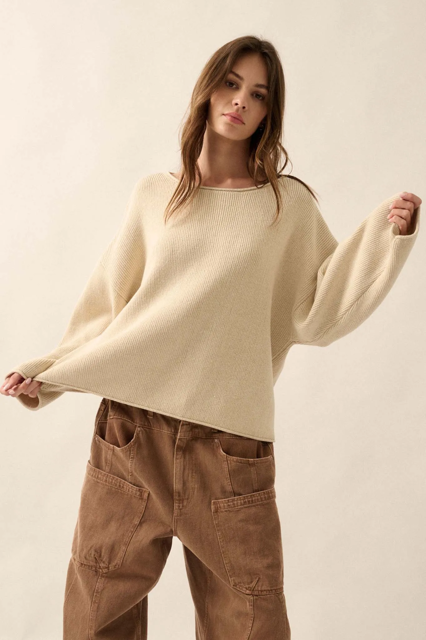 Chill Vibes Rolled-Edge Ribbed Knit Sweater