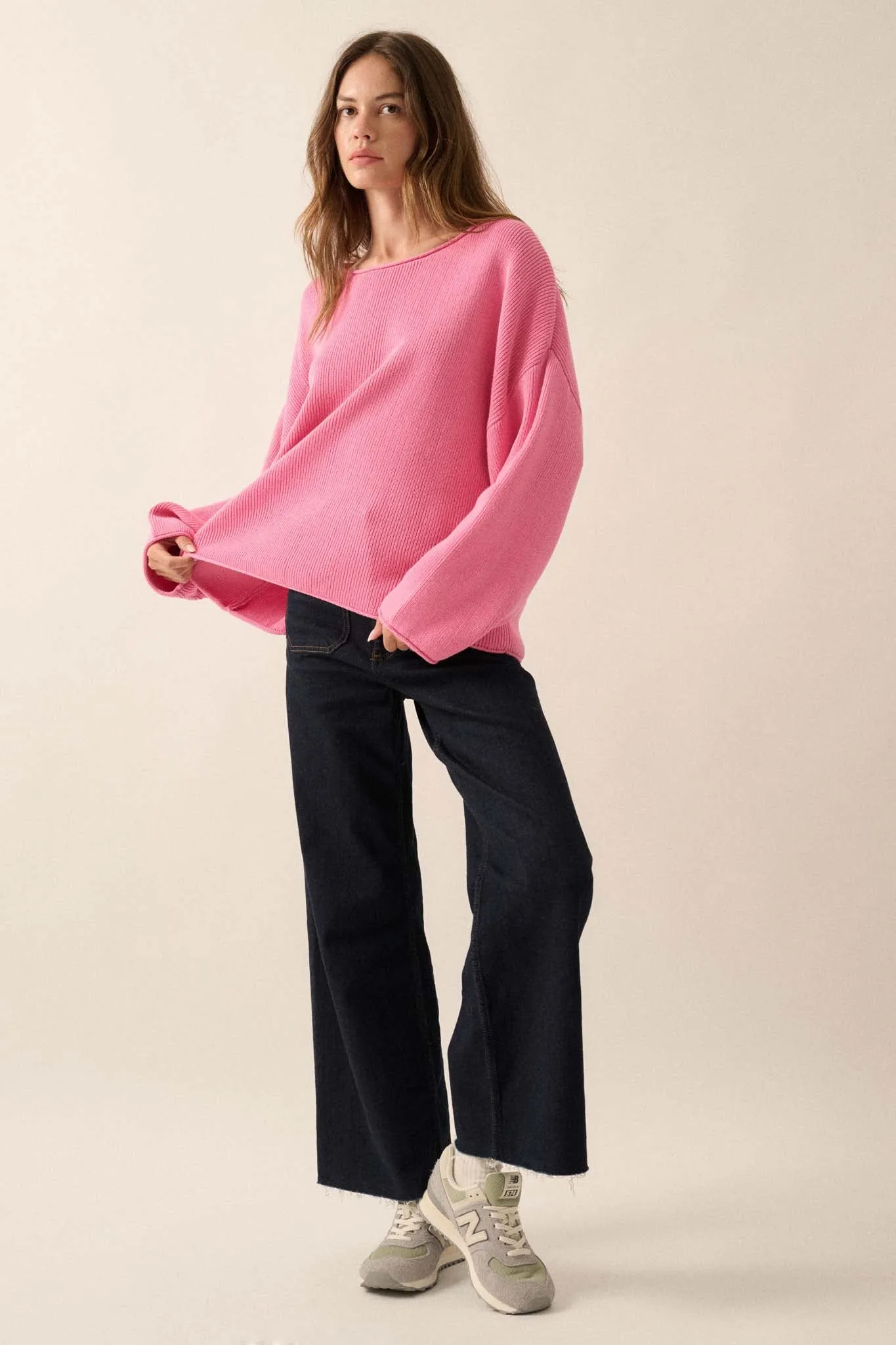Chill Vibes Rolled-Edge Ribbed Knit Sweater