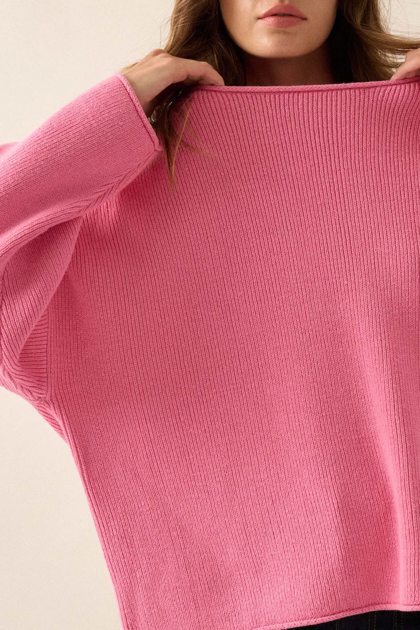 Chill Vibes Rolled-Edge Ribbed Knit Sweater