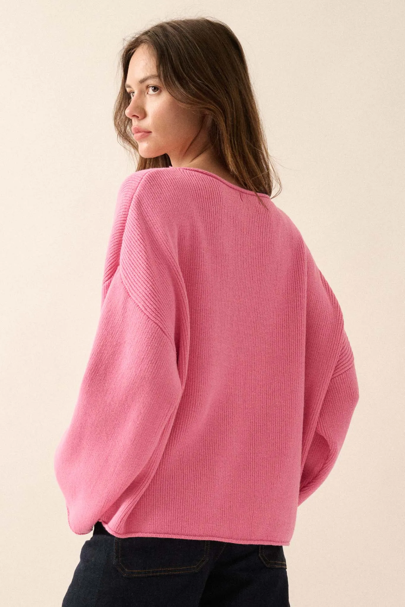 Chill Vibes Rolled-Edge Ribbed Knit Sweater