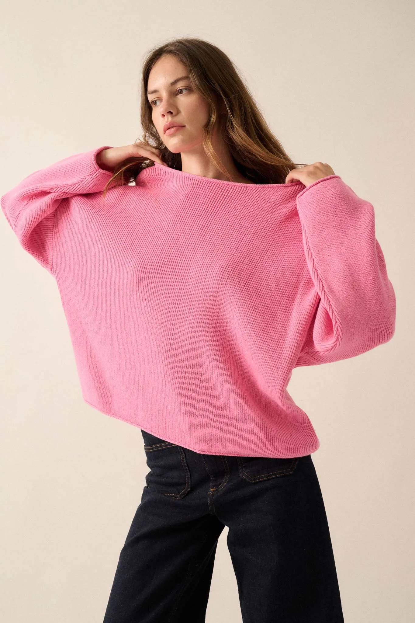 Chill Vibes Rolled-Edge Ribbed Knit Sweater