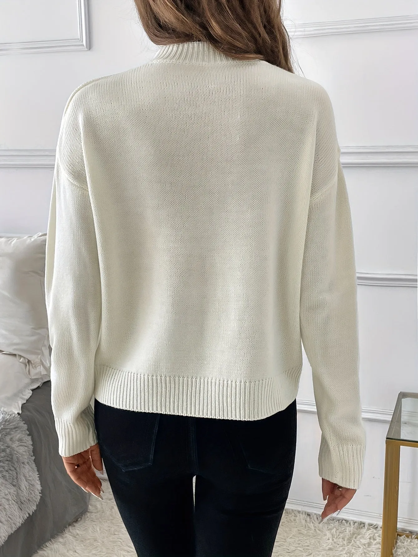 Cozy Bow Pattern Mock Neck Sweater - Pullovers for Women with Elegant Long Sleeves for Fall & Winter - Soft, Warm, and Chic Women's Clothing for Everyday Wear
