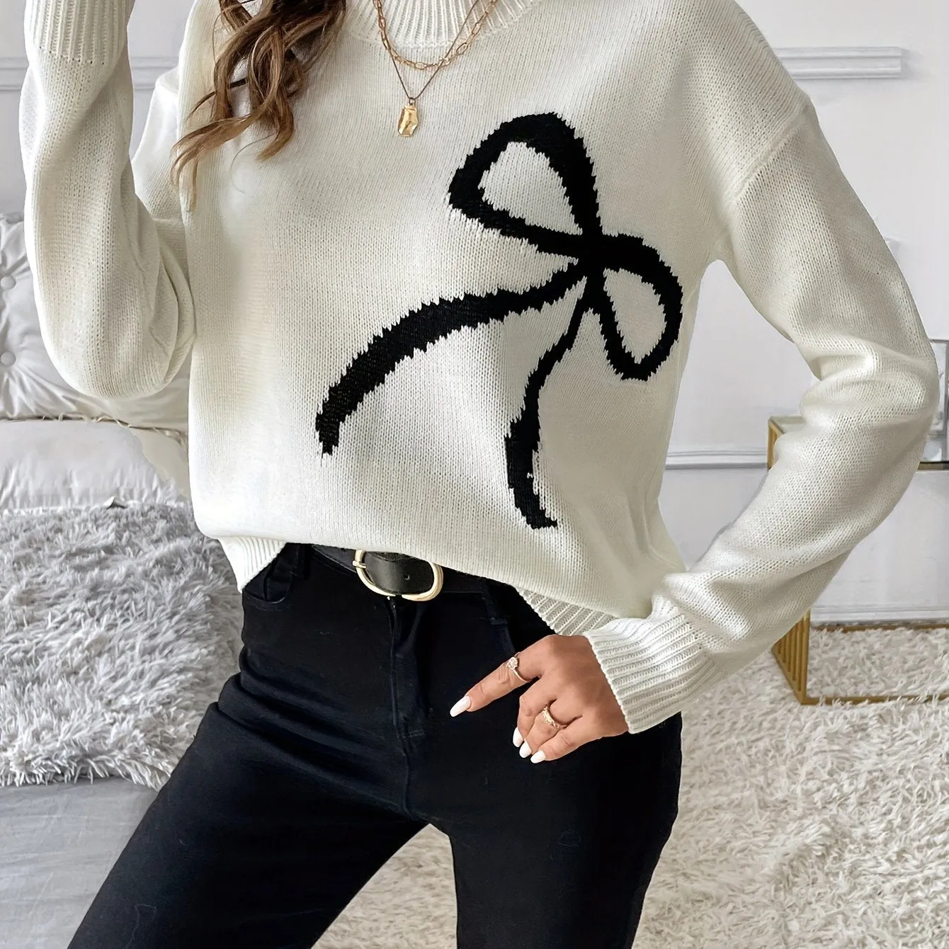 Cozy Bow Pattern Mock Neck Sweater - Pullovers for Women with Elegant Long Sleeves for Fall & Winter - Soft, Warm, and Chic Women's Clothing for Everyday Wear
