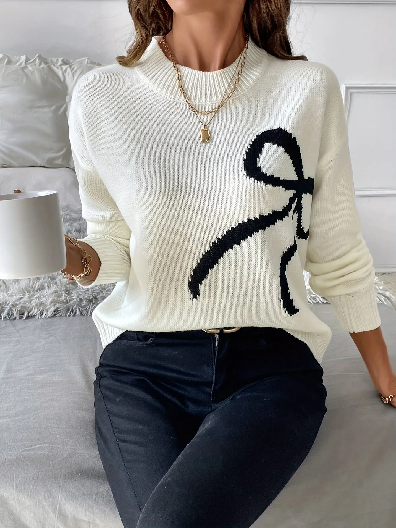 Cozy Bow Pattern Mock Neck Sweater - Pullovers for Women with Elegant Long Sleeves for Fall & Winter - Soft, Warm, and Chic Women's Clothing for Everyday Wear