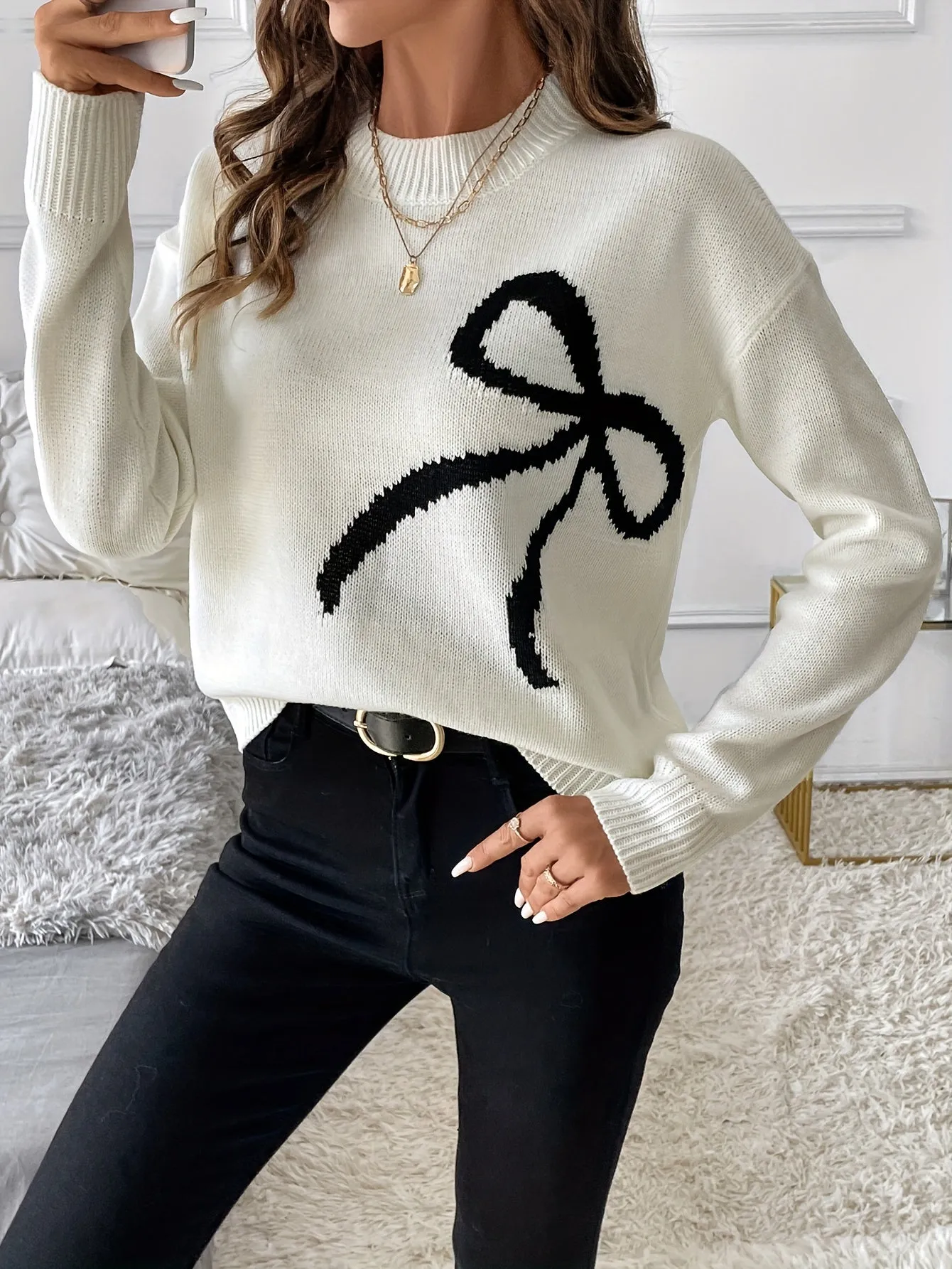 Cozy Bow Pattern Mock Neck Sweater - Pullovers for Women with Elegant Long Sleeves for Fall & Winter - Soft, Warm, and Chic Women's Clothing for Everyday Wear