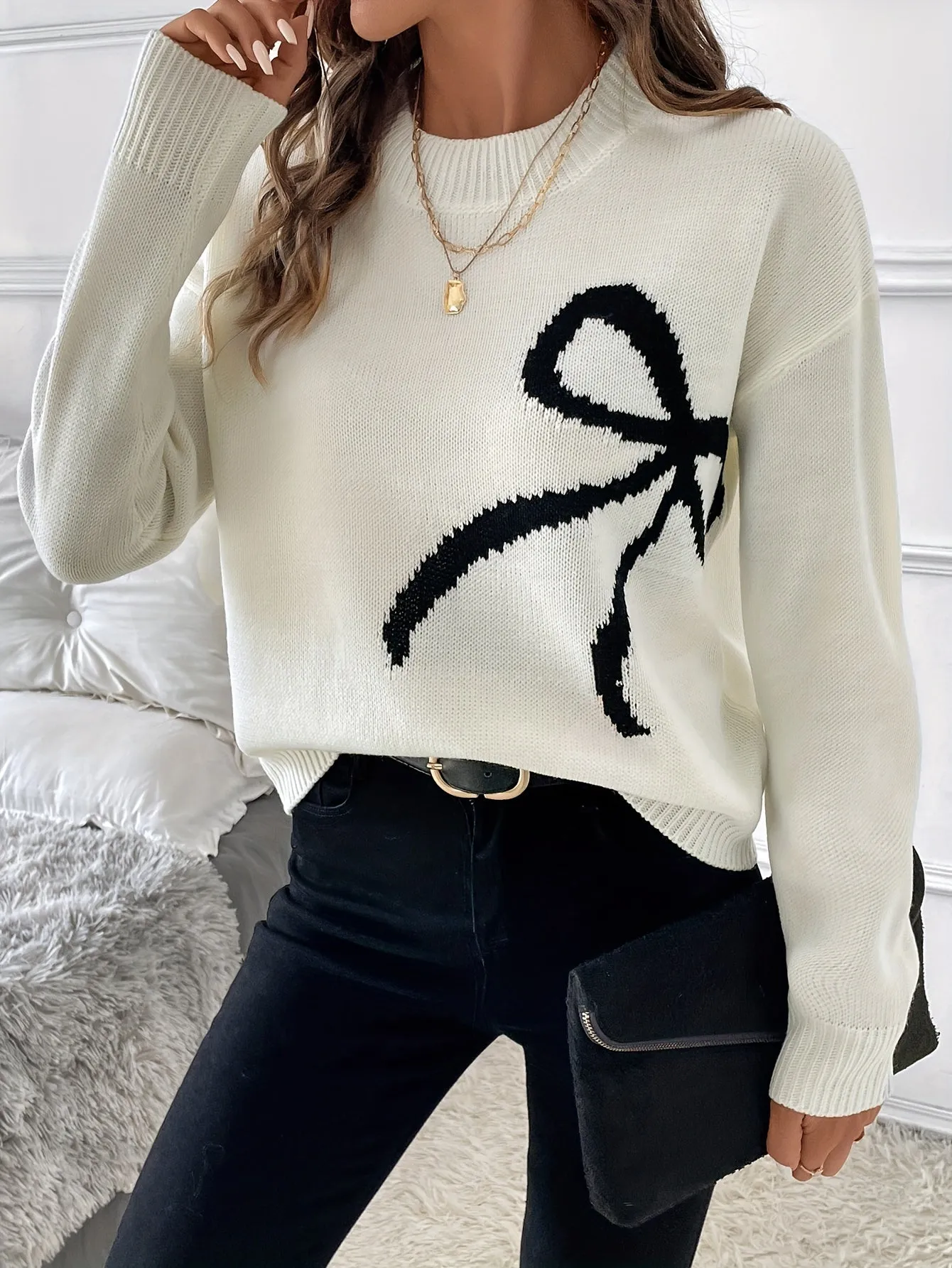 Cozy Bow Pattern Mock Neck Sweater - Pullovers for Women with Elegant Long Sleeves for Fall & Winter - Soft, Warm, and Chic Women's Clothing for Everyday Wear