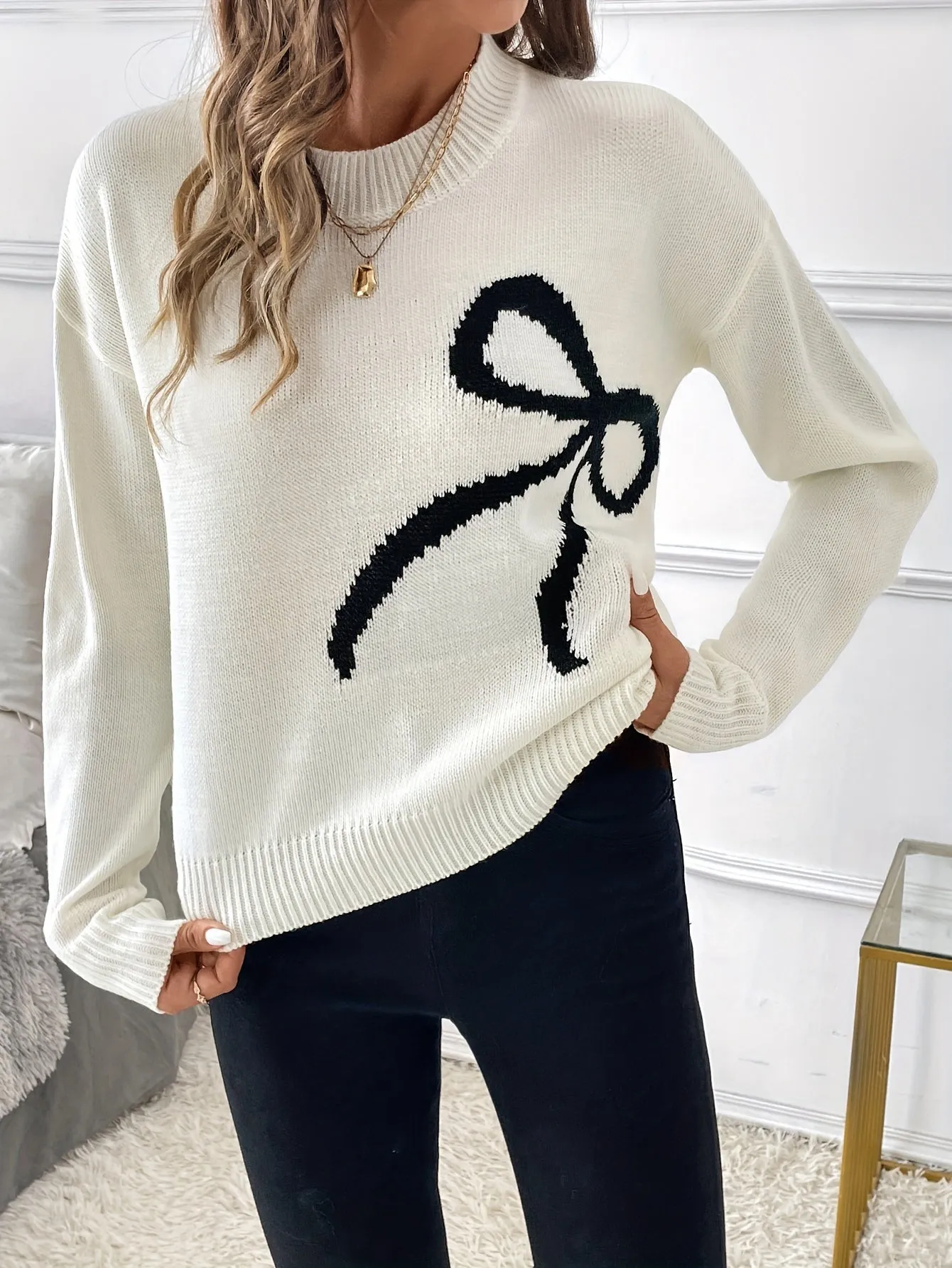 Cozy Bow Pattern Mock Neck Sweater - Pullovers for Women with Elegant Long Sleeves for Fall & Winter - Soft, Warm, and Chic Women's Clothing for Everyday Wear