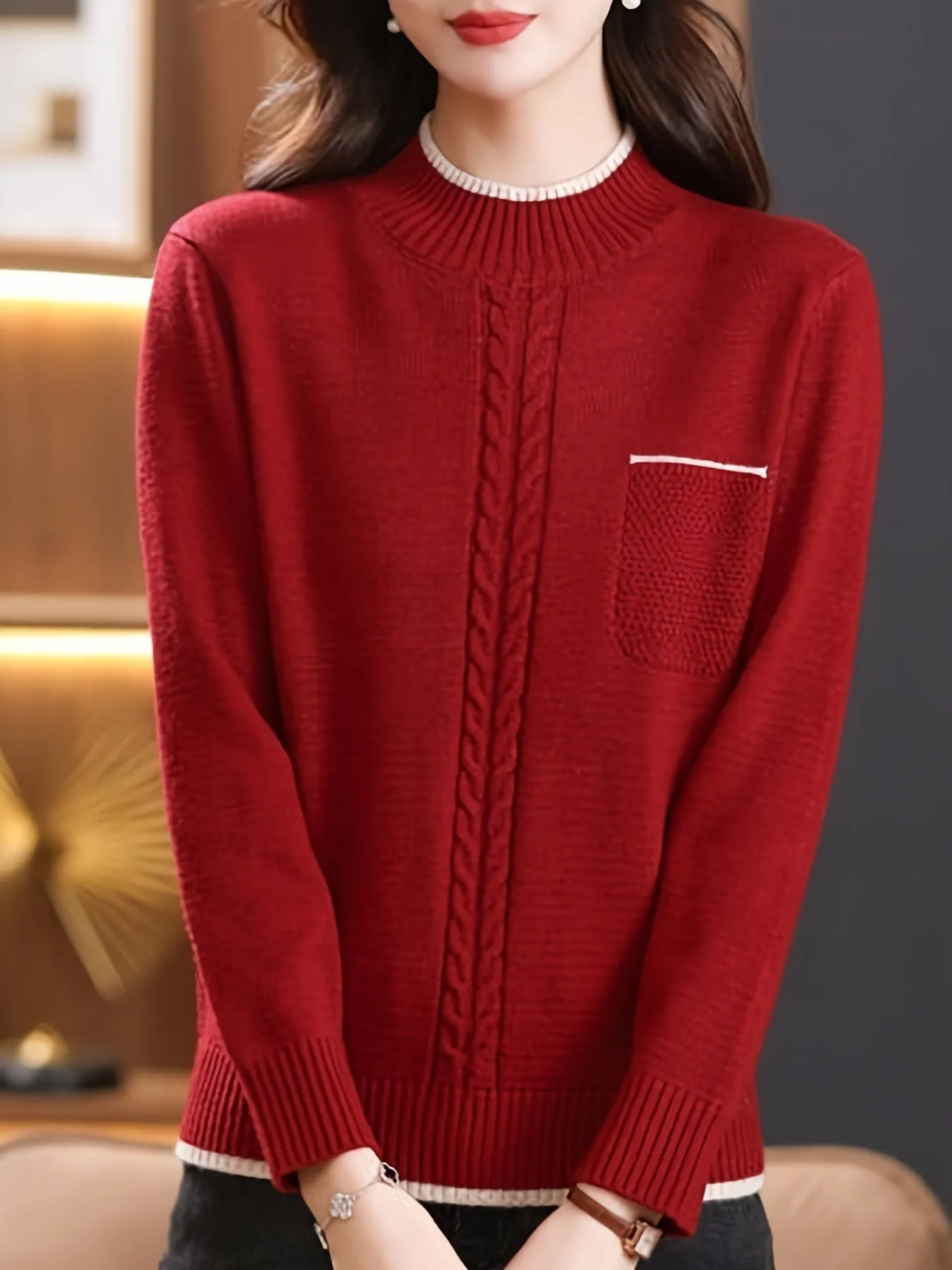Cozy Cable Knit Pocket Mock Neck Sweater - Women's Pullovers with Elegant Long Sleeve Design, Perfect for Fall & Winter - Soft, Warm and Chic Women's Clothing for Everyday Wear