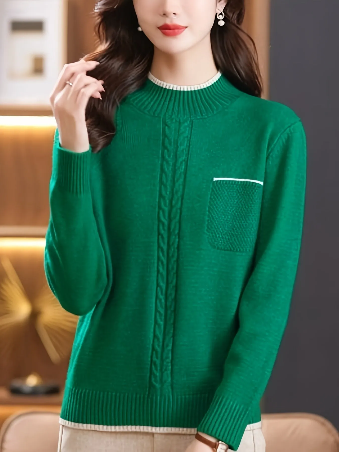 Cozy Cable Knit Pocket Mock Neck Sweater - Women's Pullovers with Elegant Long Sleeve Design, Perfect for Fall & Winter - Soft, Warm and Chic Women's Clothing for Everyday Wear