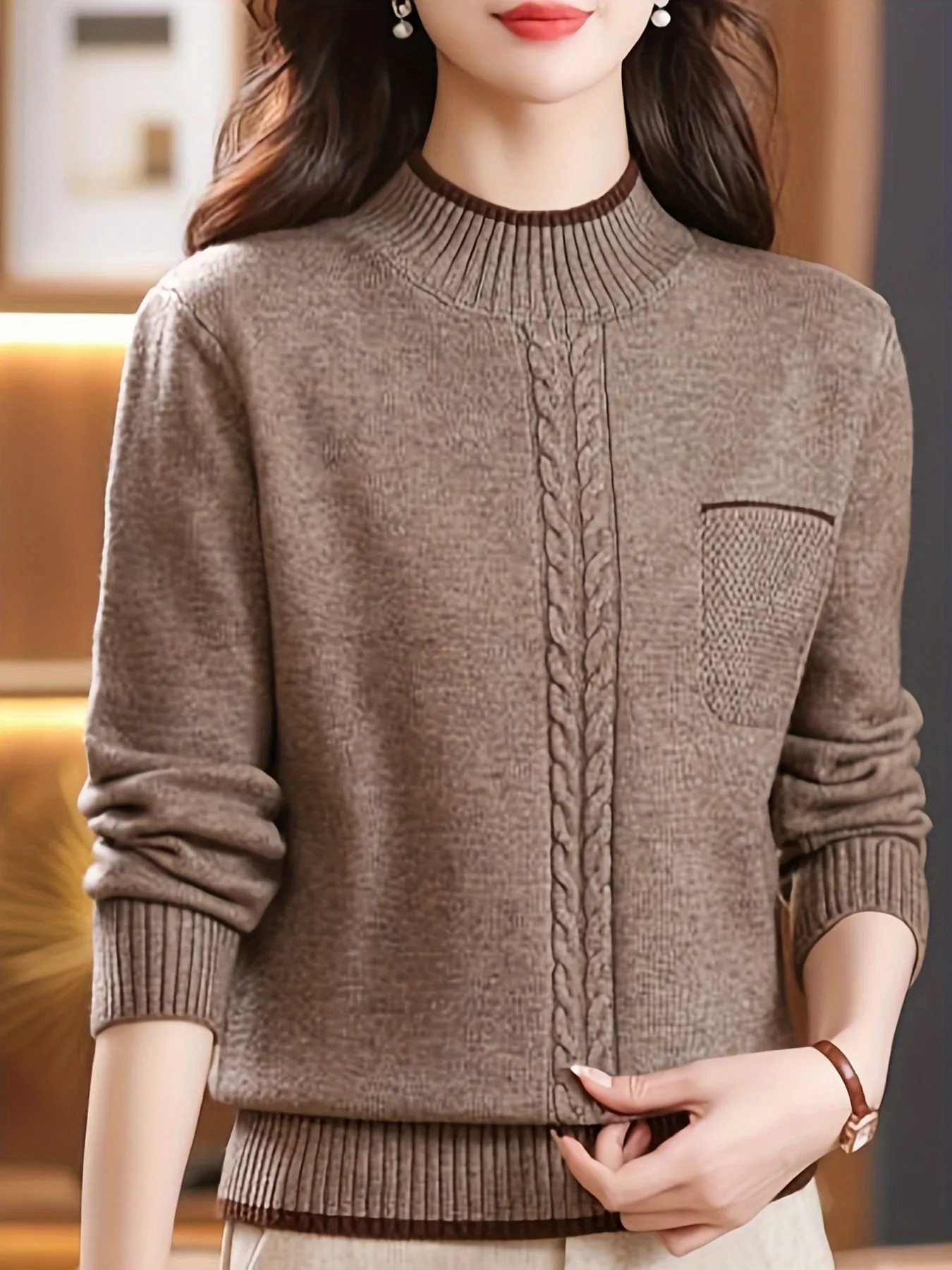 Cozy Cable Knit Pocket Mock Neck Sweater - Women's Pullovers with Elegant Long Sleeve Design, Perfect for Fall & Winter - Soft, Warm and Chic Women's Clothing for Everyday Wear