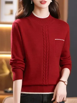 Cozy Cable Knit Pocket Mock Neck Sweater - Women's Pullovers with Elegant Long Sleeve Design, Perfect for Fall & Winter - Soft, Warm and Chic Women's Clothing for Everyday Wear