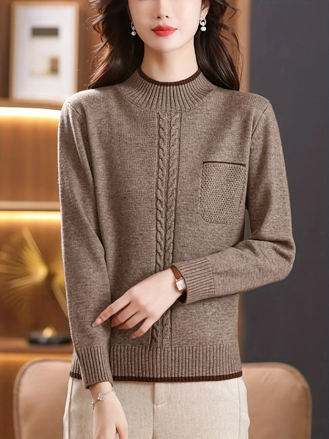 Cozy Cable Knit Pocket Mock Neck Sweater - Women's Pullovers with Elegant Long Sleeve Design, Perfect for Fall & Winter - Soft, Warm and Chic Women's Clothing for Everyday Wear