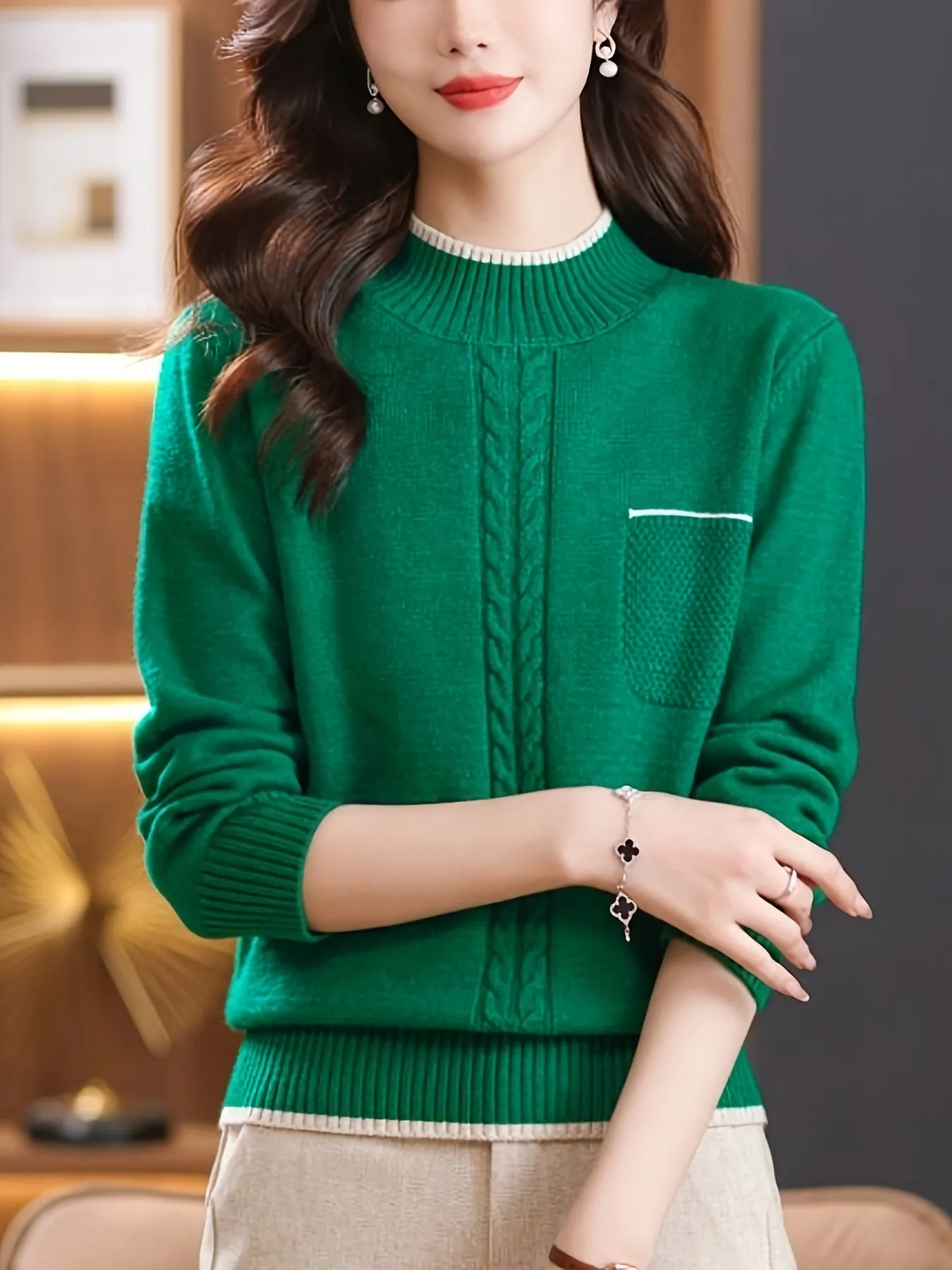 Cozy Cable Knit Pocket Mock Neck Sweater - Women's Pullovers with Elegant Long Sleeve Design, Perfect for Fall & Winter - Soft, Warm and Chic Women's Clothing for Everyday Wear