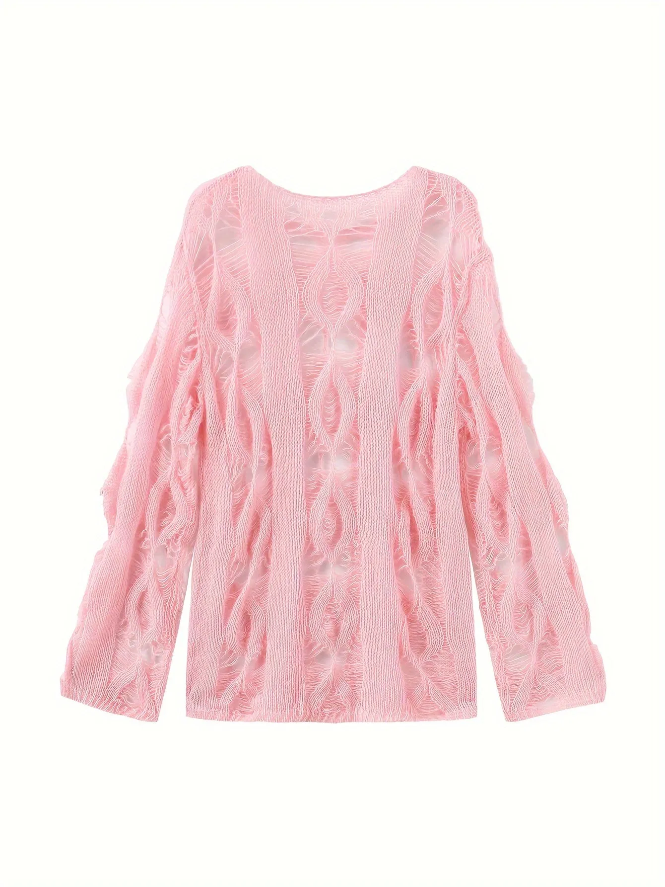 Cozy Solid Ripped Crew Neck Sweater - Soft Y2K-Inspired Long Sleeve Pullover for Women - Perfect for Spring and Fall Seasons - Relaxed Fit for Comfortable Daily Wear