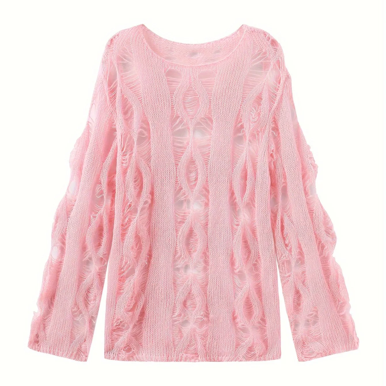 Cozy Solid Ripped Crew Neck Sweater - Soft Y2K-Inspired Long Sleeve Pullover for Women - Perfect for Spring and Fall Seasons - Relaxed Fit for Comfortable Daily Wear