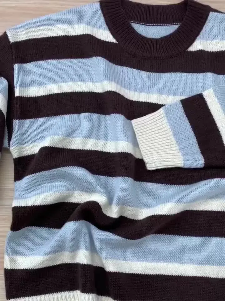 Cozy Striped Crew Neck Sweater - Soft, Casual, Drop Shoulder, Long Sleeve, Knitted Top for Women - Perfect for Everyday Wear, Relaxation, and Outdoor Activities