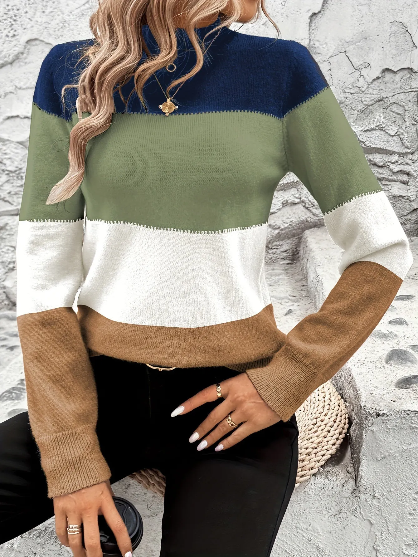 Cozy Striped Crew Neck Sweater - Soft Color Block Long Sleeve Pullover for Spring & Fall - Women's Casual Knitwear for Everyday Wear