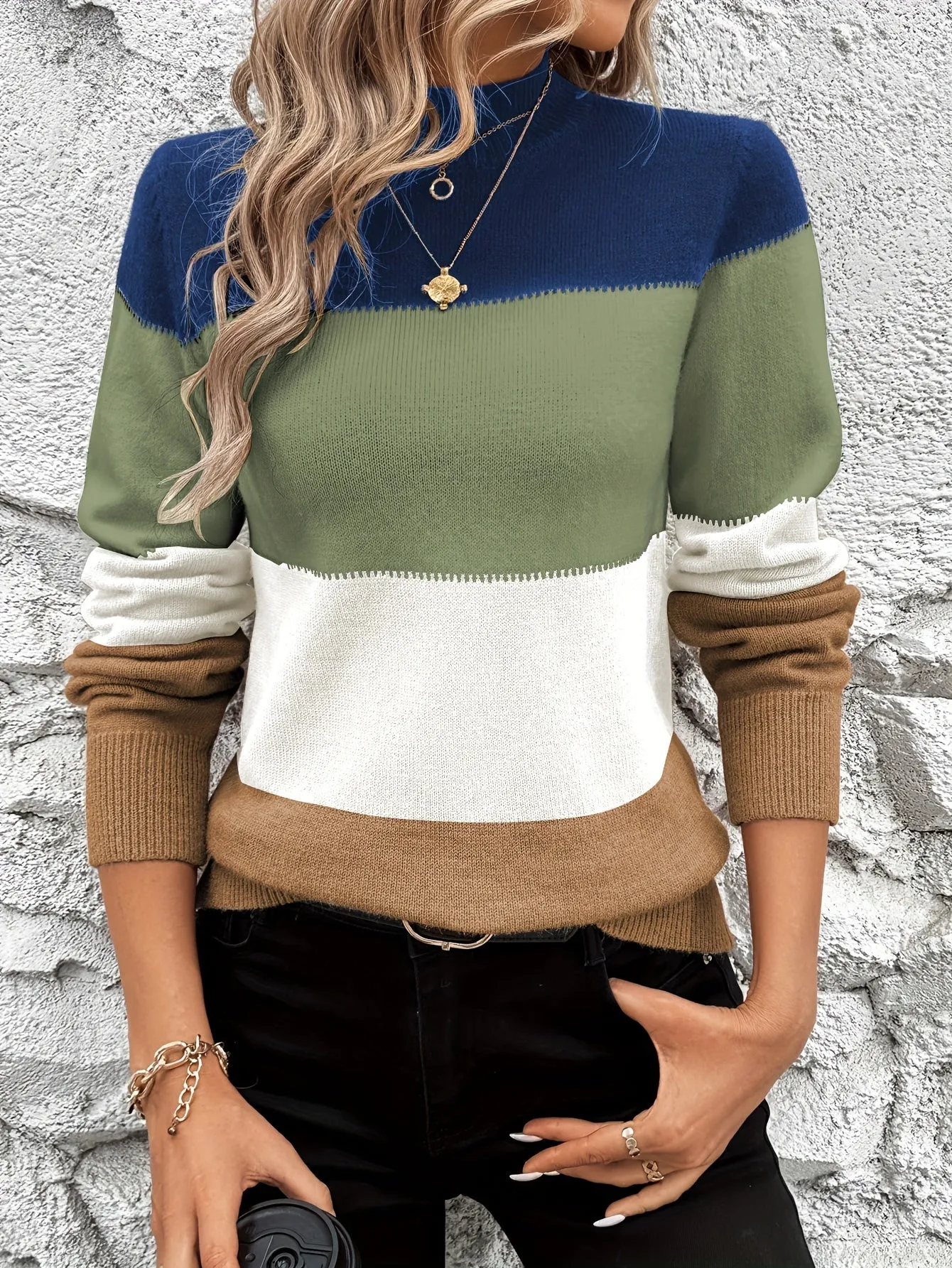 Cozy Striped Crew Neck Sweater - Soft Color Block Long Sleeve Pullover for Spring & Fall - Women's Casual Knitwear for Everyday Wear
