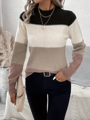 Cozy Striped Crew Neck Sweater - Soft Color Block Long Sleeve Pullover for Spring & Fall - Women's Casual Knitwear for Everyday Wear