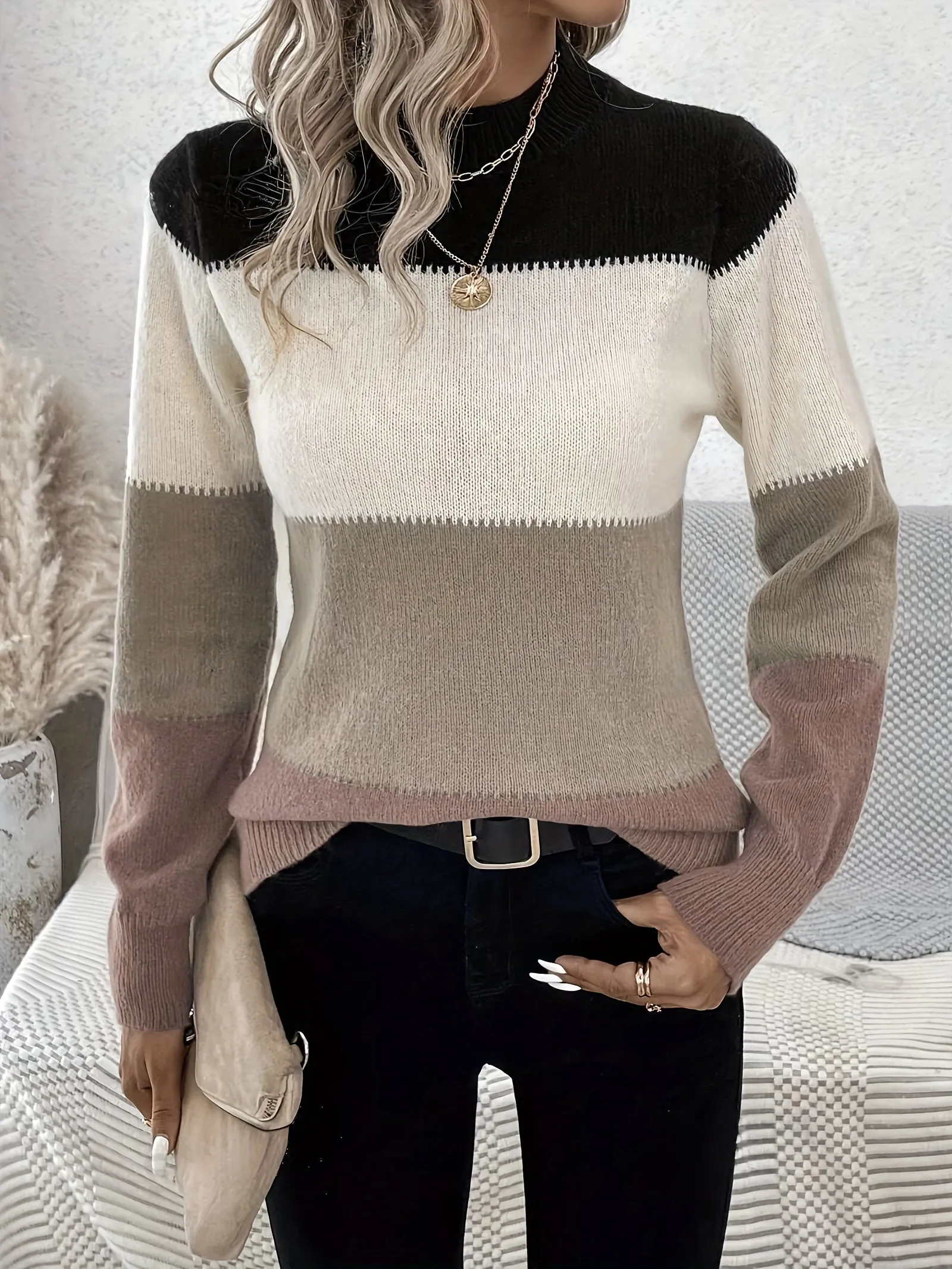 Cozy Striped Crew Neck Sweater - Soft Color Block Long Sleeve Pullover for Spring & Fall - Women's Casual Knitwear for Everyday Wear