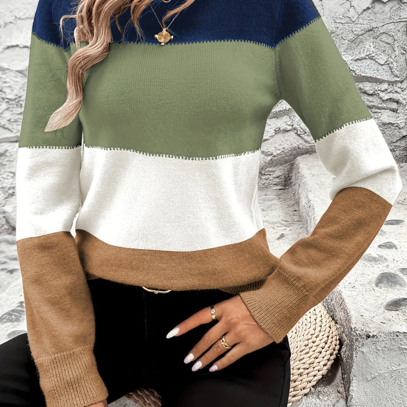 Cozy Striped Crew Neck Sweater - Soft Color Block Long Sleeve Pullover for Spring & Fall - Women's Casual Knitwear for Everyday Wear