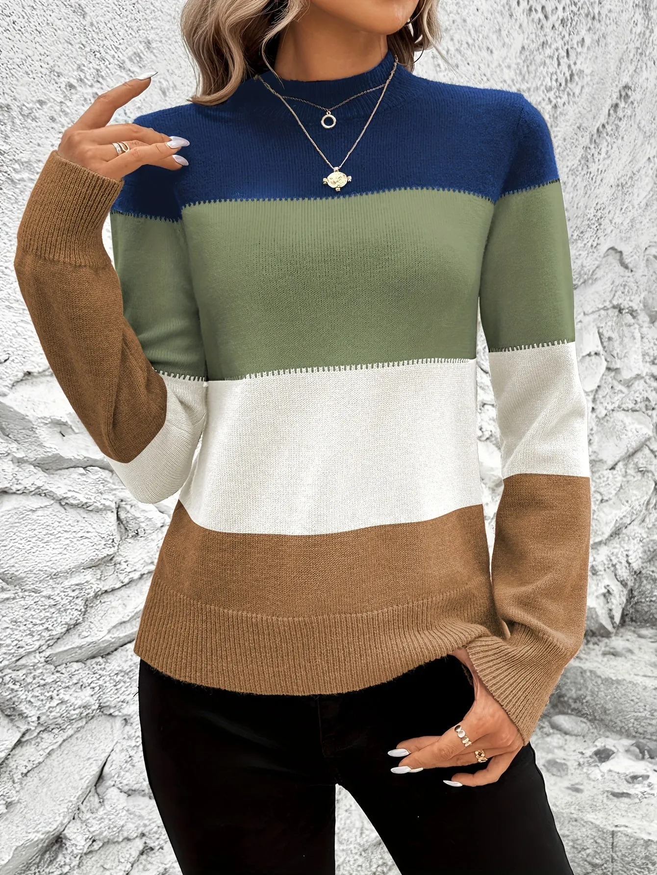 Cozy Striped Crew Neck Sweater - Soft Color Block Long Sleeve Pullover for Spring & Fall - Women's Casual Knitwear for Everyday Wear