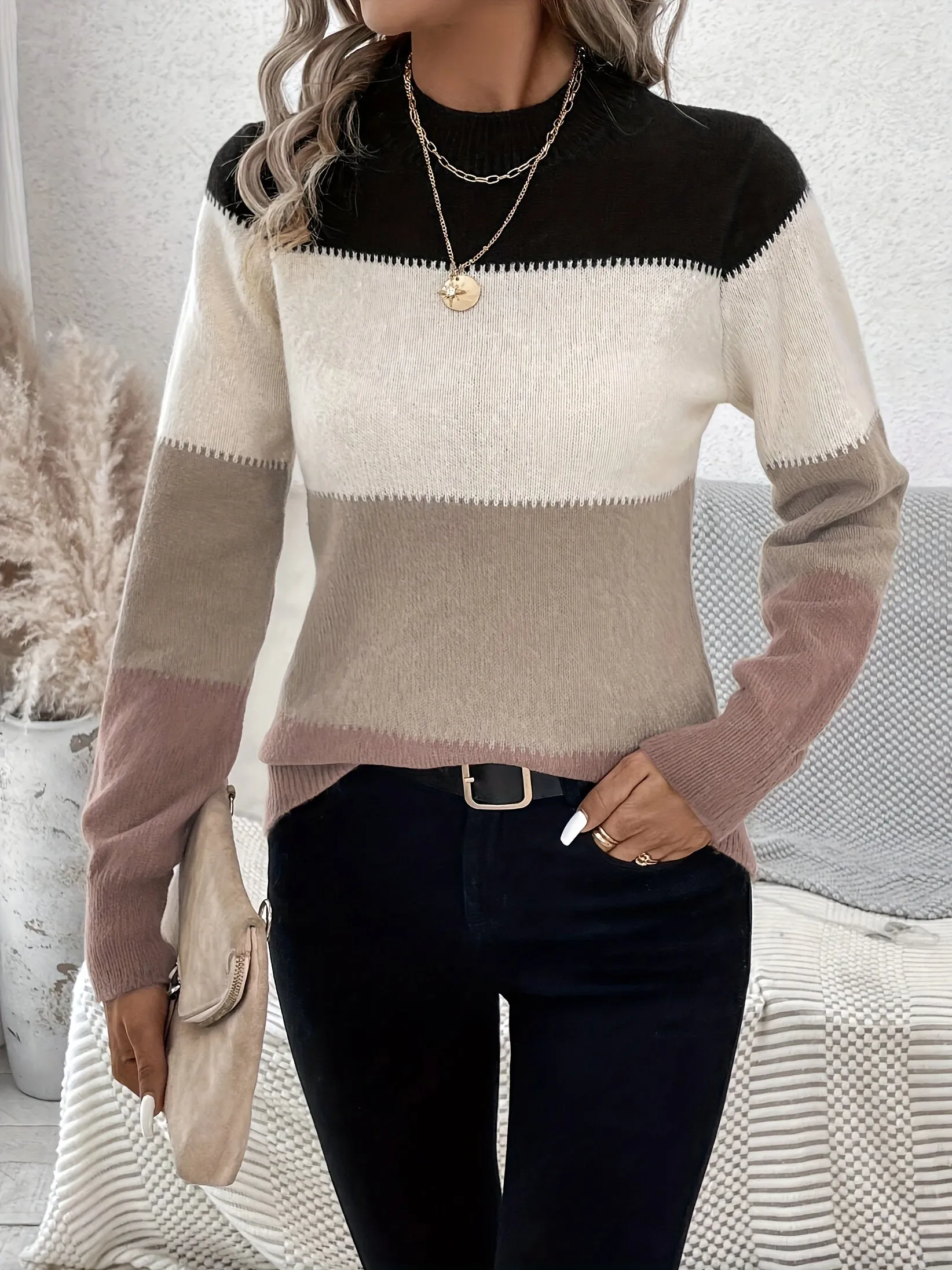 Cozy Striped Crew Neck Sweater - Soft Color Block Long Sleeve Pullover for Spring & Fall - Women's Casual Knitwear for Everyday Wear