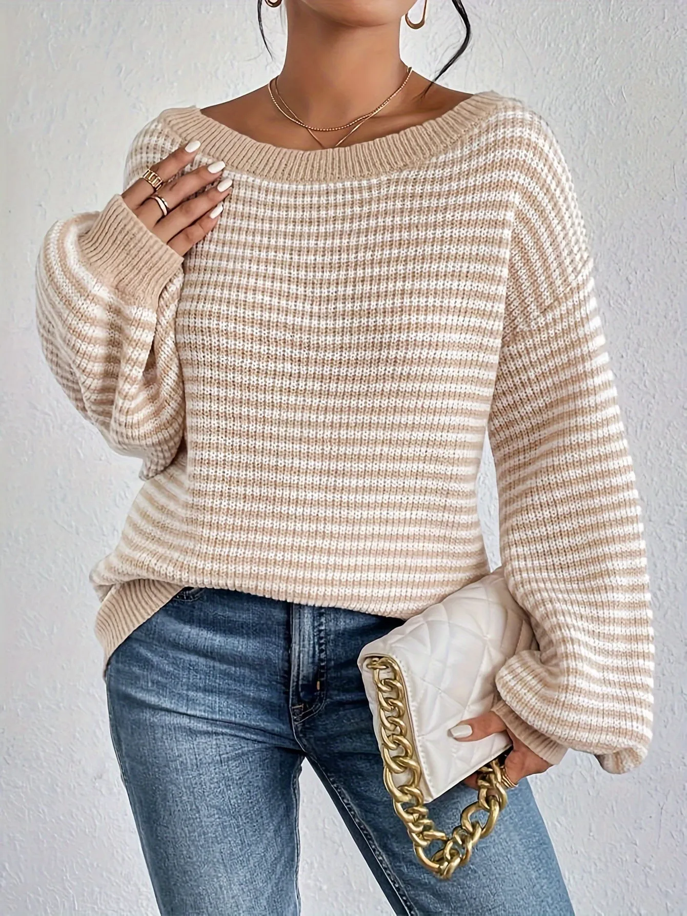 Cozy Striped Off-Shoulder Sweater - Soft Polyester Blend, Round Neck, Stretchy Fabric, Long Sleeves, Regular Fit, H-Shape, No Lining, Perfect for All Seasons and Occasions