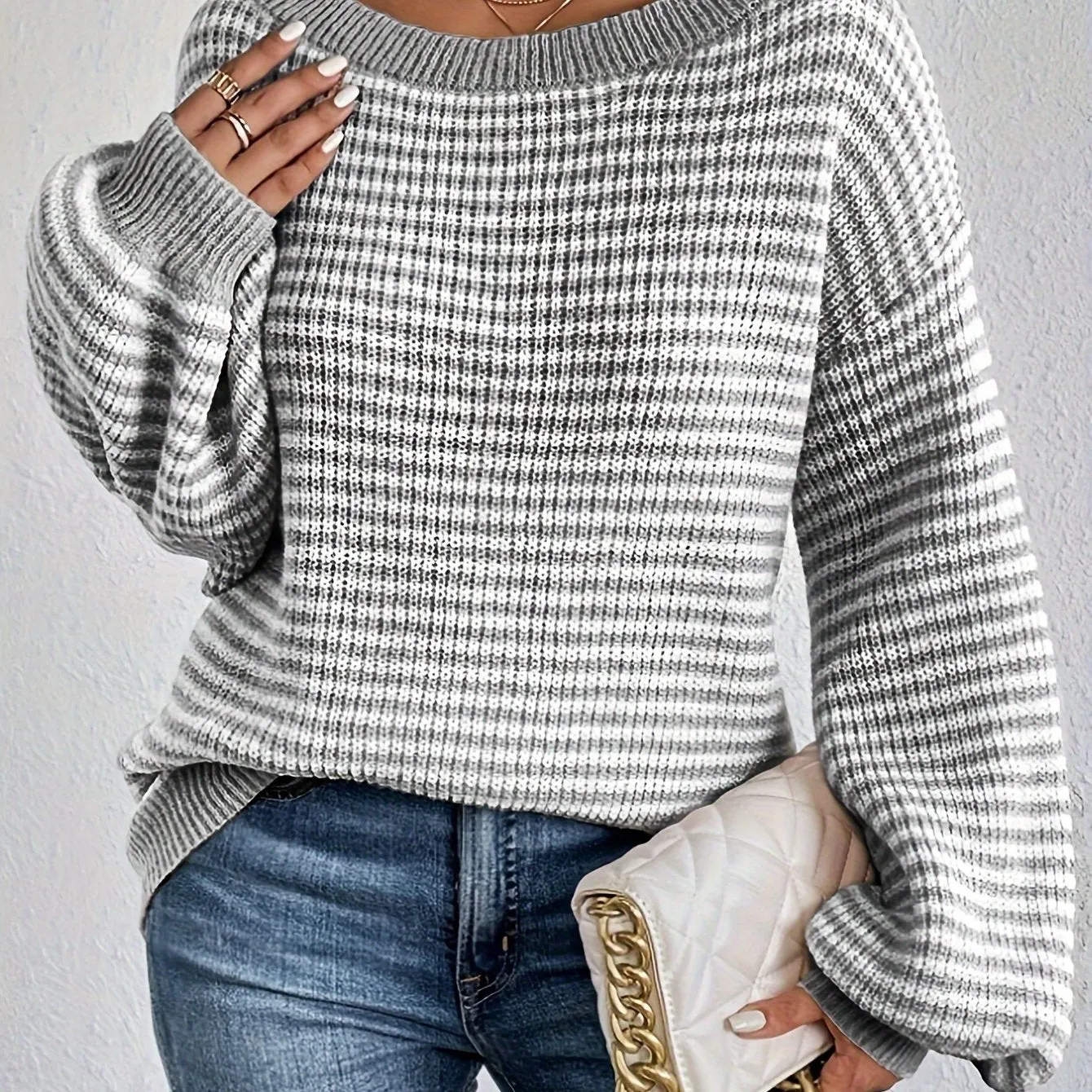 Cozy Striped Off-Shoulder Sweater - Soft Polyester Blend, Round Neck, Stretchy Fabric, Long Sleeves, Regular Fit, H-Shape, No Lining, Perfect for All Seasons and Occasions